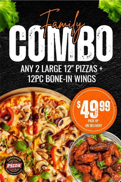 2 Large Pizzas & 12 Wings promotional poster: Up to 2 included toppings per pizza. Extra toppings available for an additional charge. $49.99, pickup or delivery.